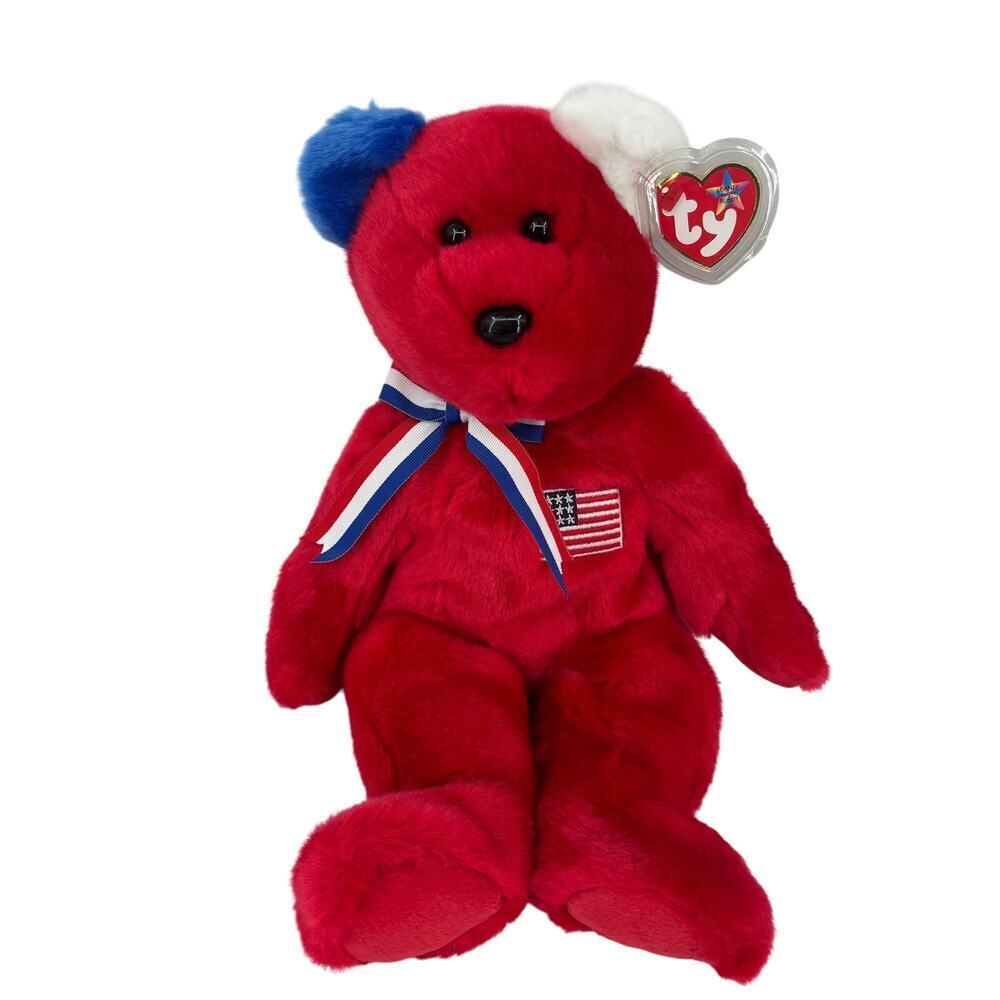 Ty Beanie Buddies America Teddy Bear Plush Red Flag 14 Inch‎ Vintage 2002